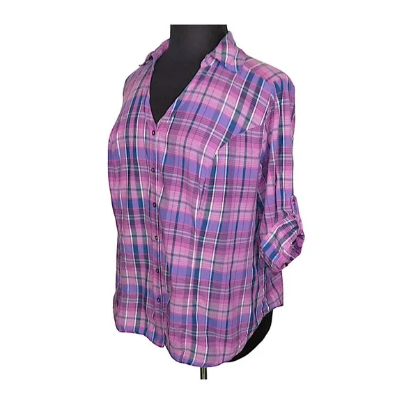 Lane Bryant Lilac Purple Multi Plaid Button Up Cotton Blouse Plus Size 18-20 - Picture 1 of 8